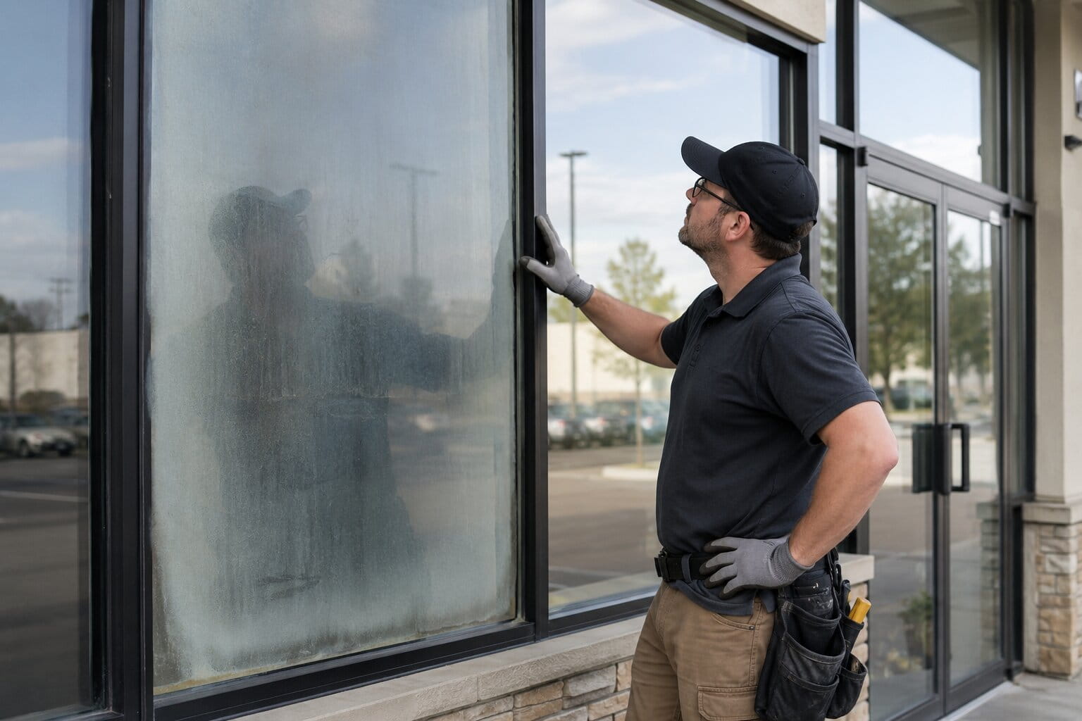 Technician assessing a cloudy storefront window panel before replacement