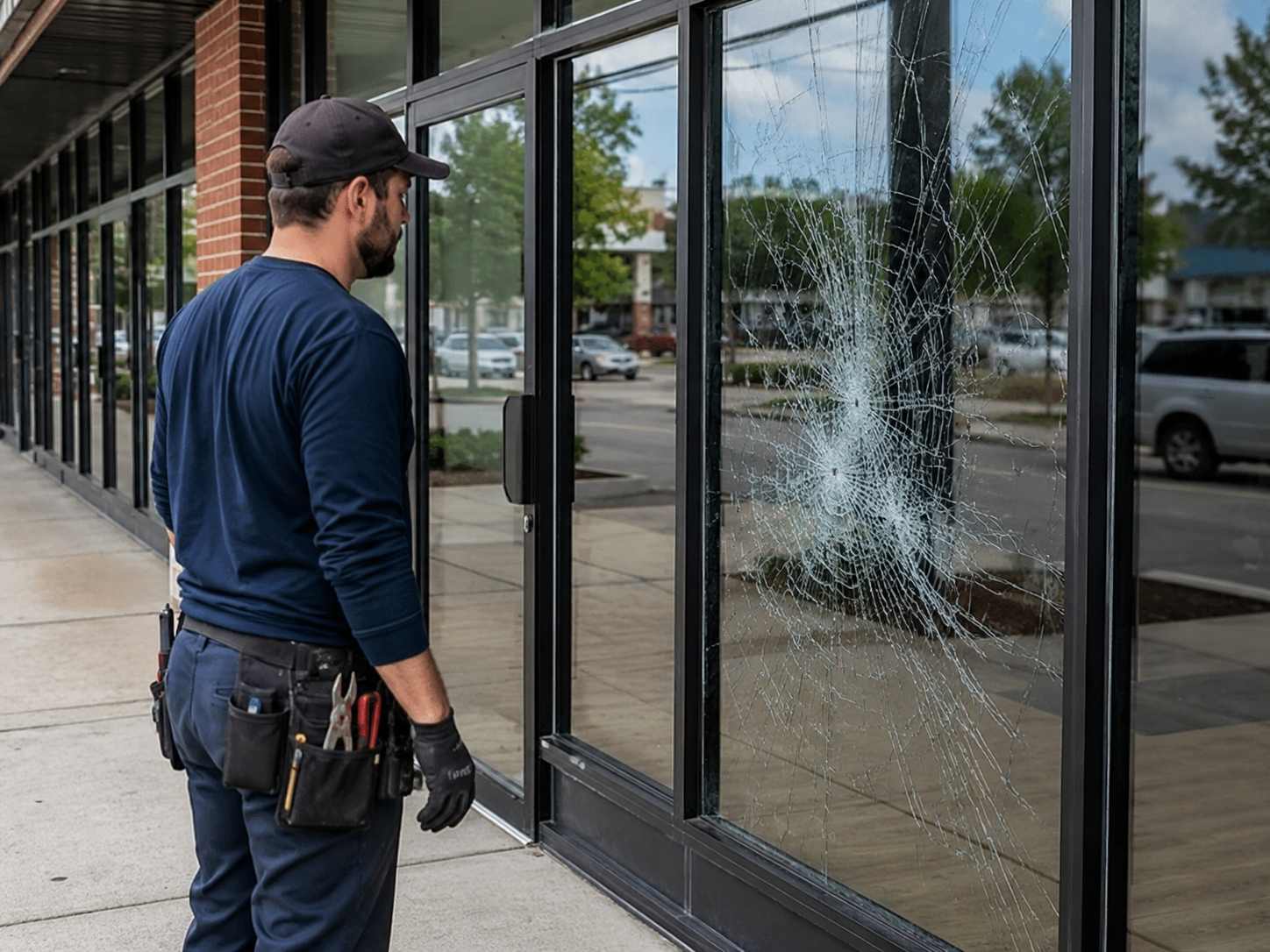 Technician assessing damaged commercial storefront glass panel
