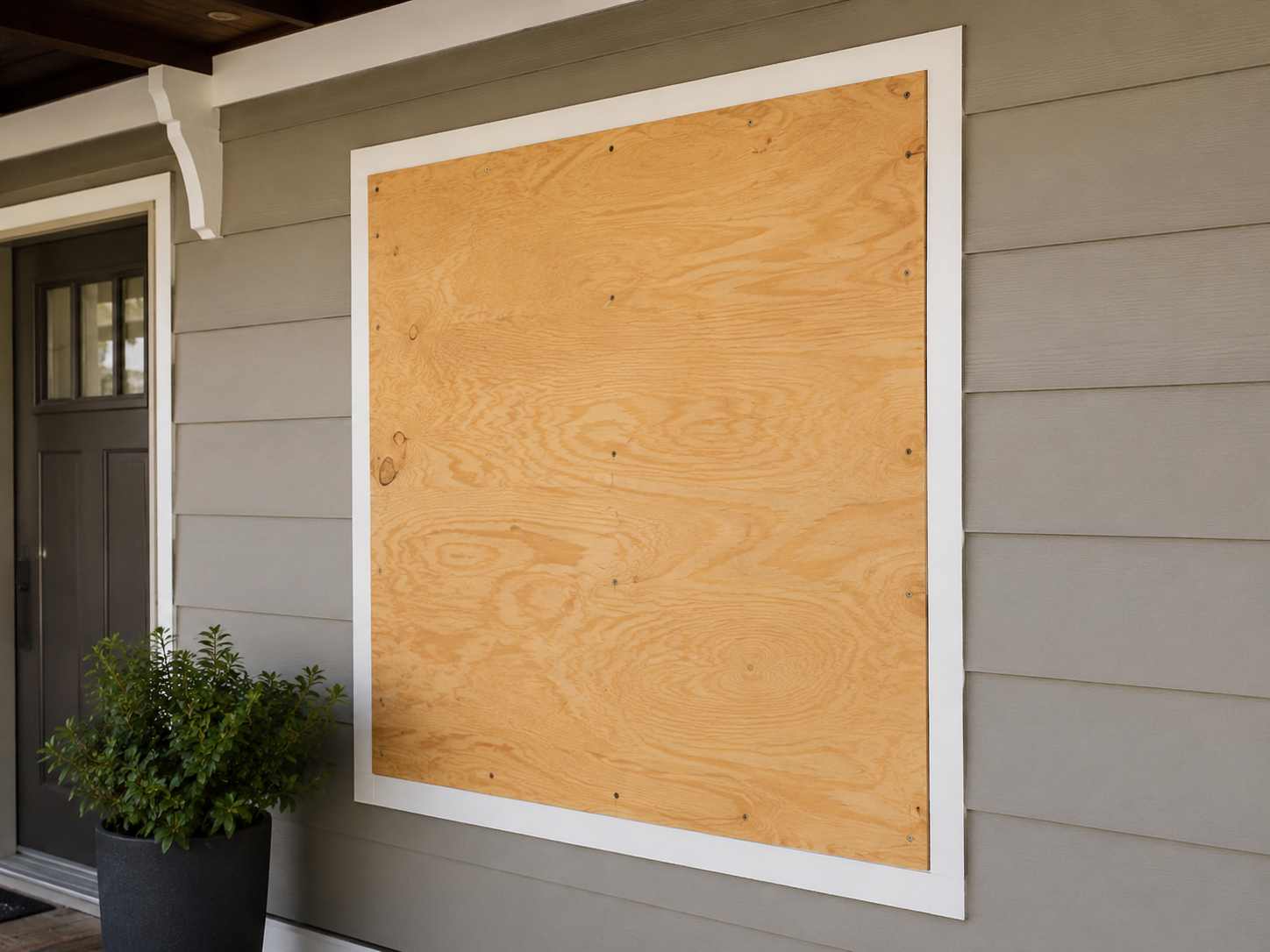 Plywood board-up installed over a broken window opening
