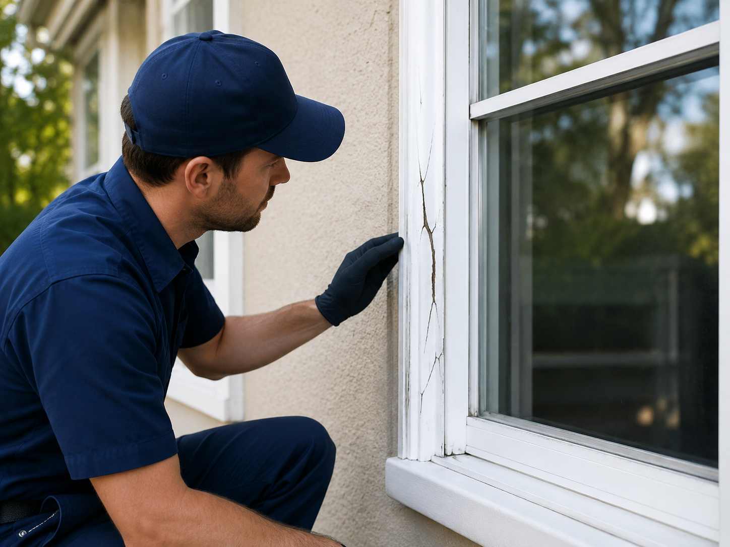 Technician inspecting broken residential window glass for emergency repair