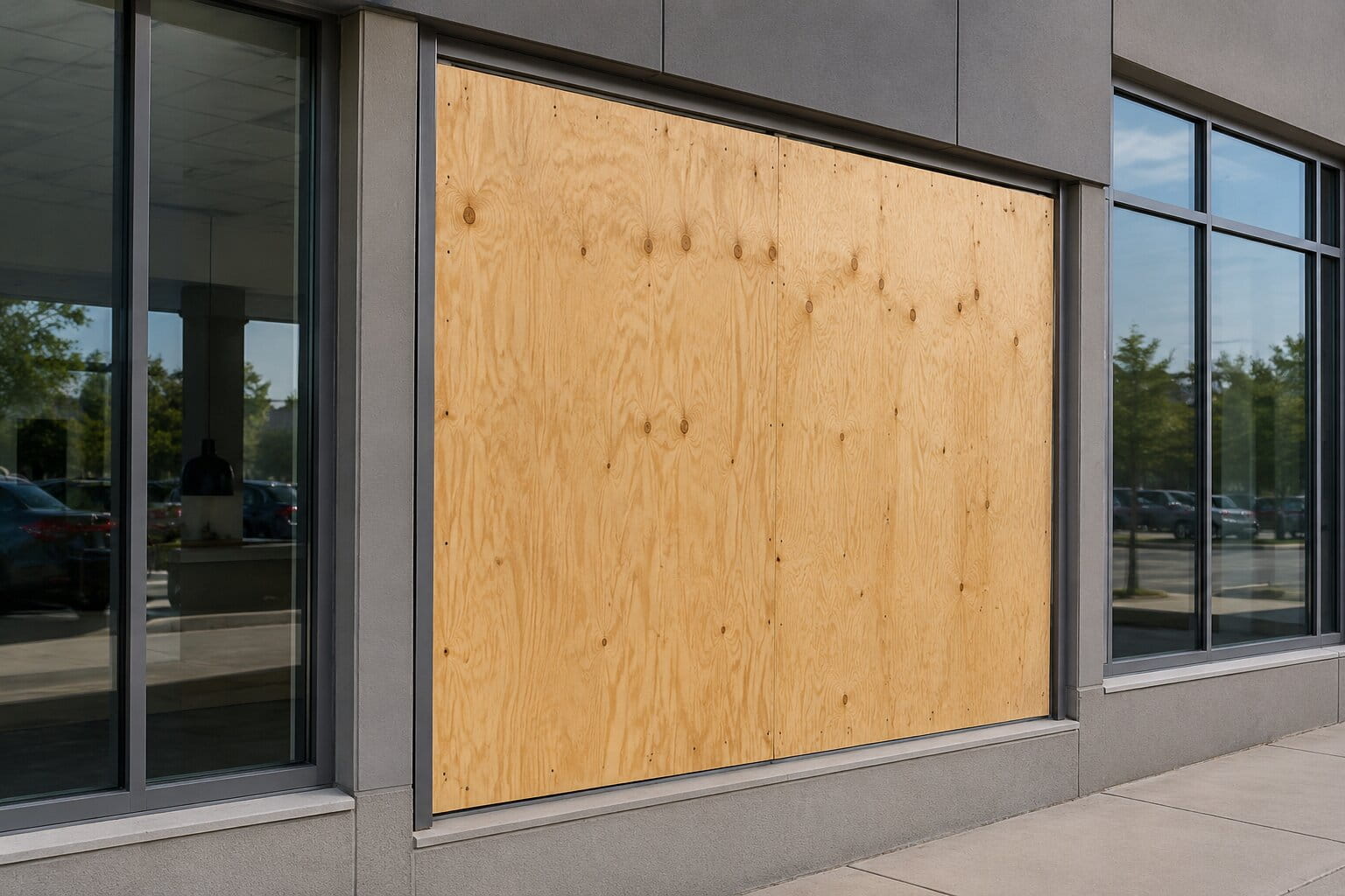Plywood board-up installed over a broken commercial storefront window