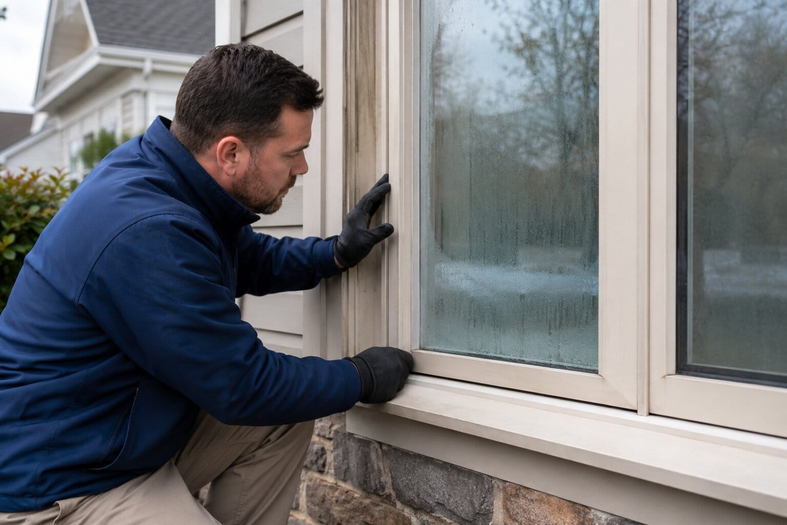 Technician inspecting a cloudy double-pane window with visible condensation