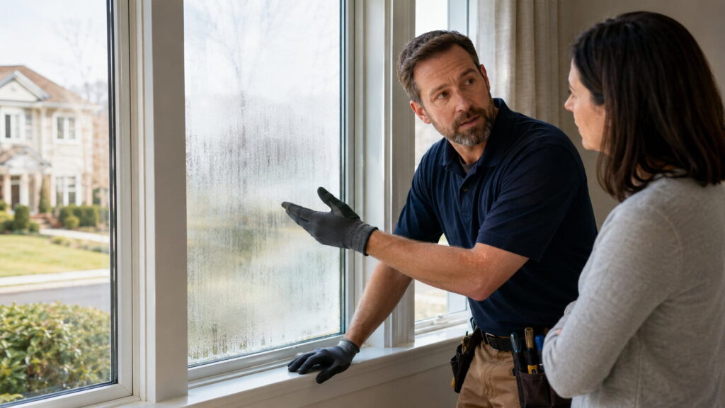 Technician inspecting a cloudy double-pane window