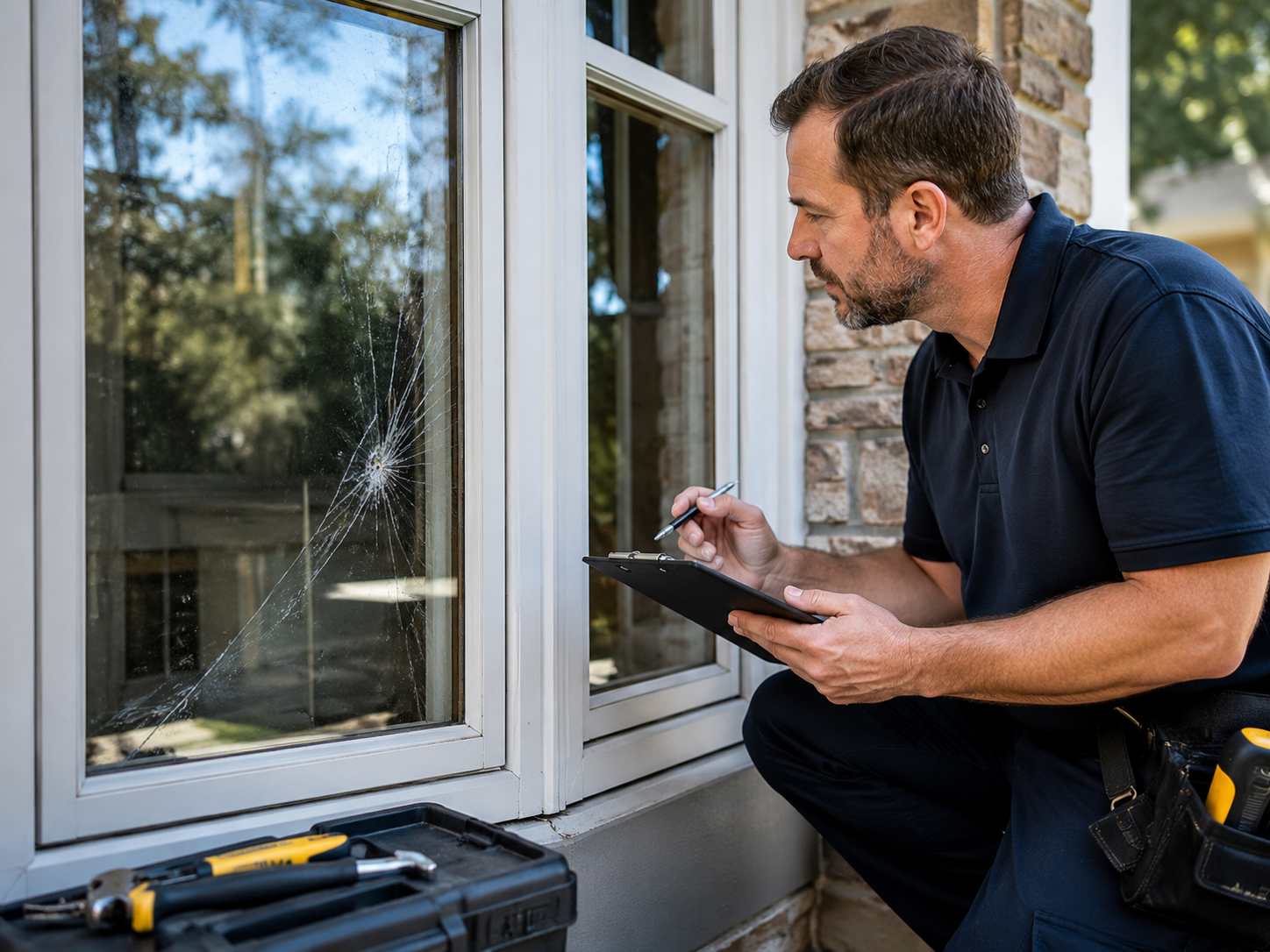 Glazier reviewing glass damage details for an estimate request