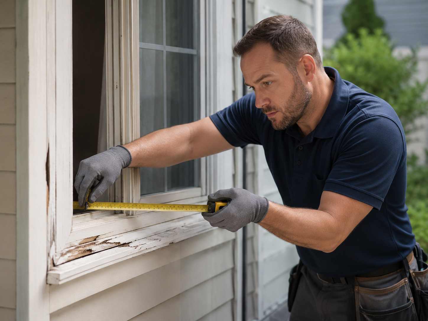 Technician measuring a broken home window before glass replacement