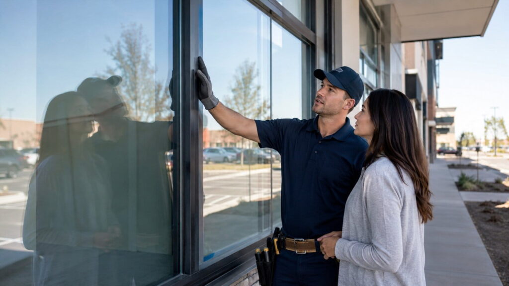 A technician and a business owner reviewing a storefront window together