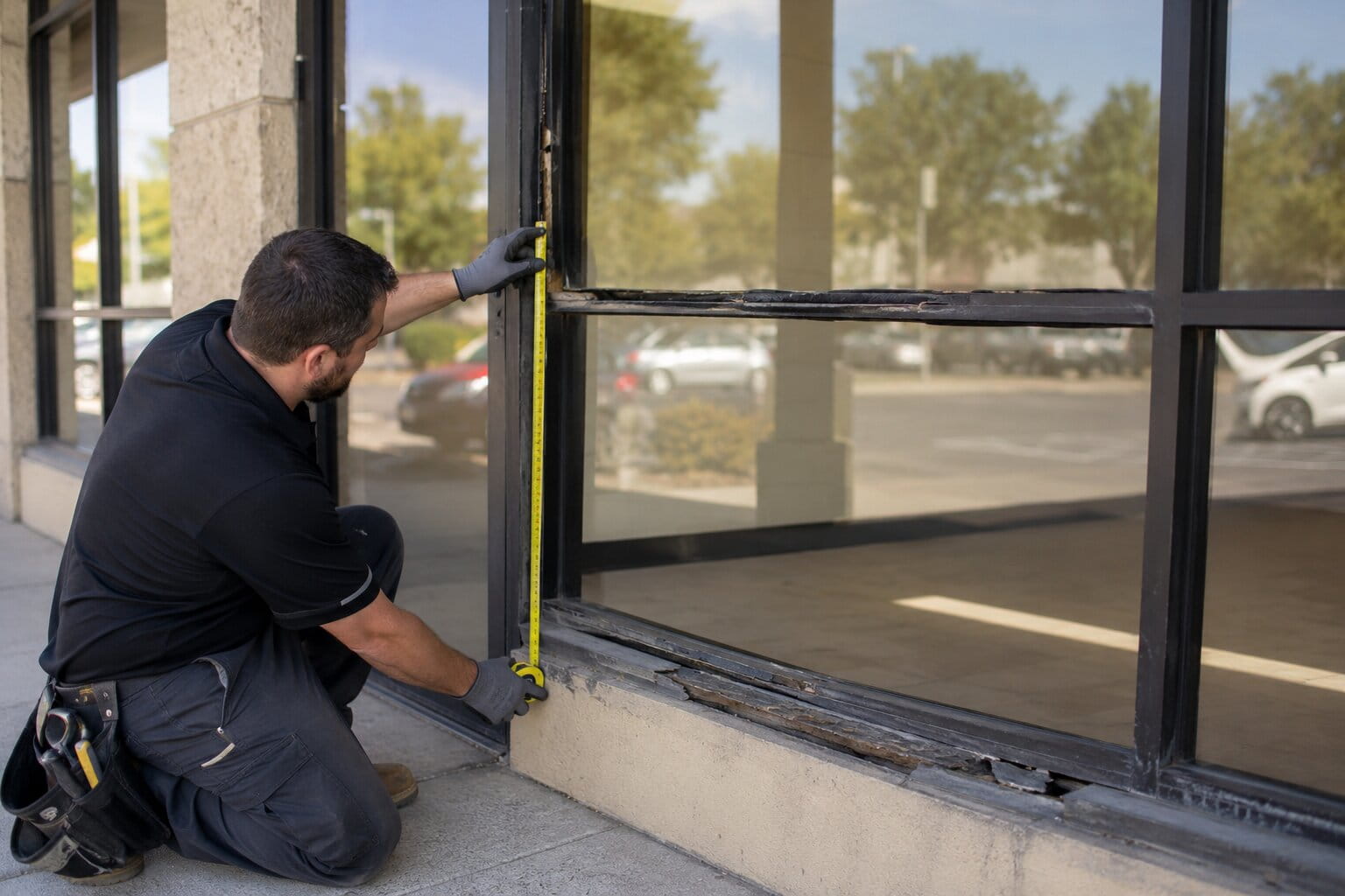 Technician measuring a damaged storefront window before glass replacement