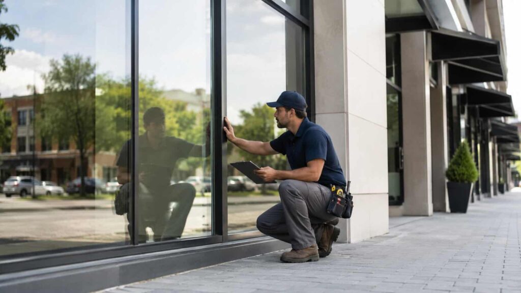 Commercial storefront window glass being inspected for seal failure