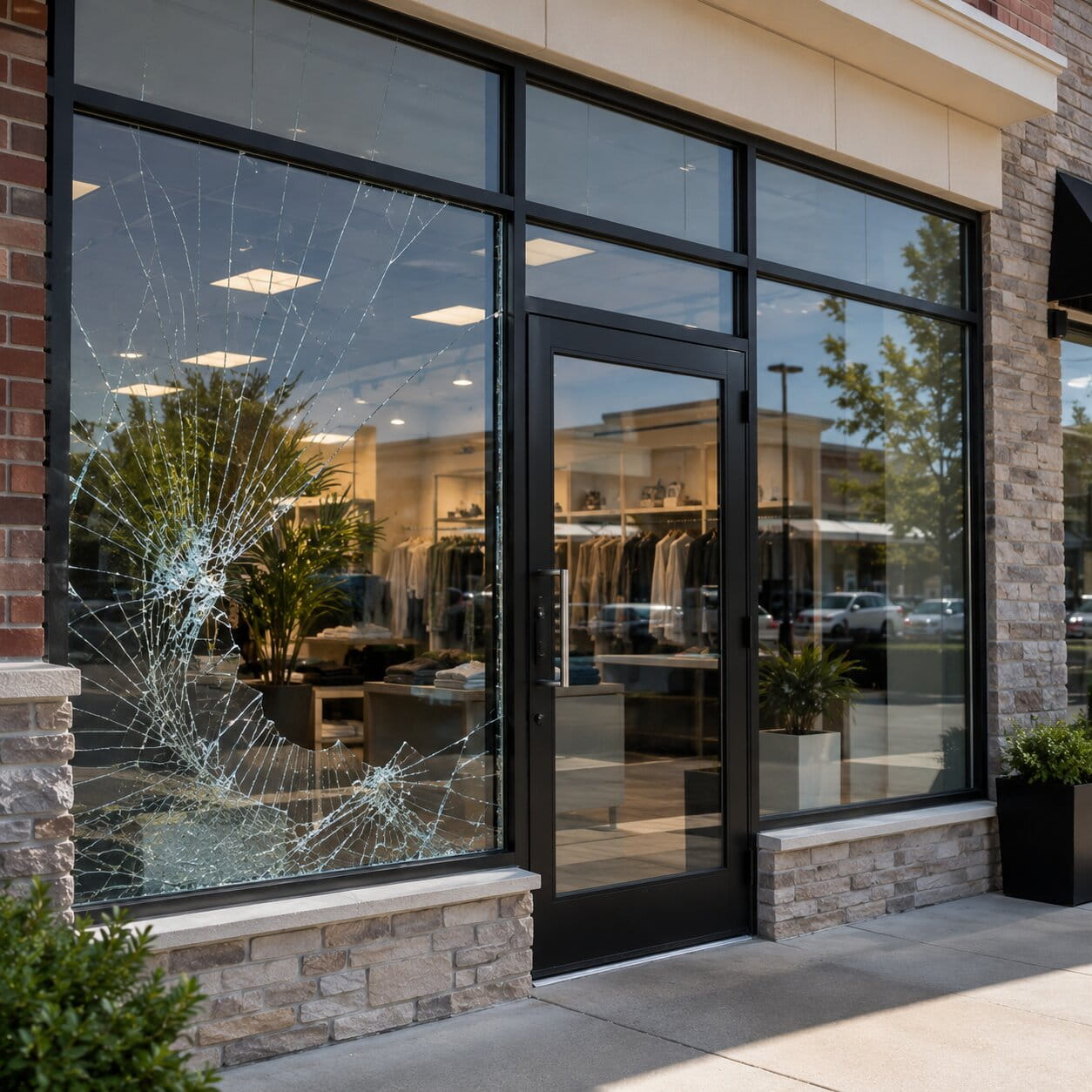 Commercial storefront glass repair for a local business near Aldie, VA