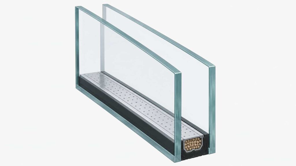 Diagram showing the two glass panes, spacer, and sealed perimeter of an insulated glass unit