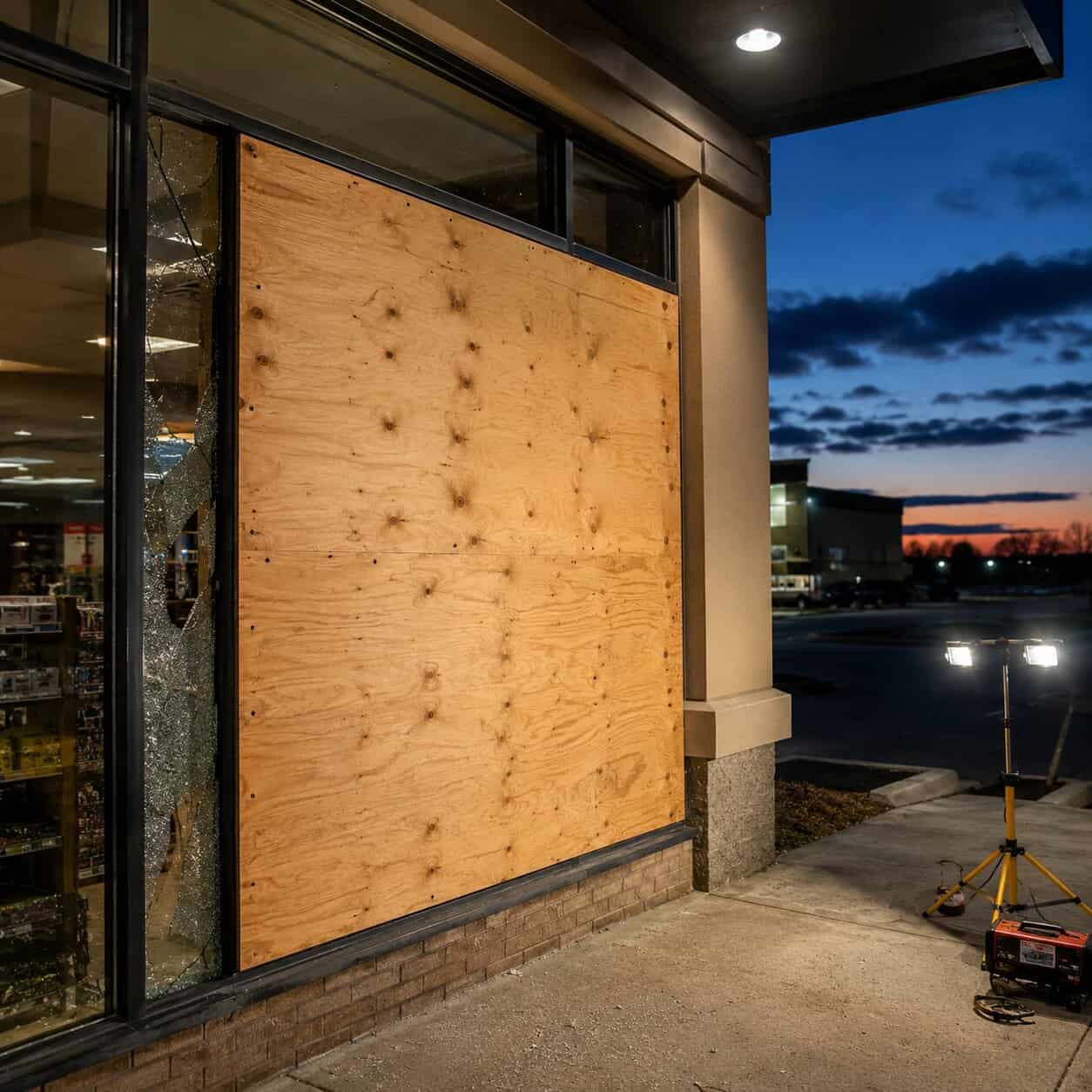 Emergency board-up service for broken commercial glass in Chantilly, VA