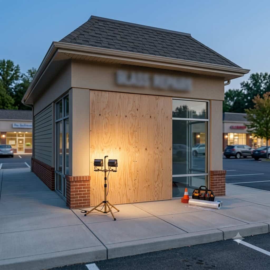 Emergency board-up service for broken commercial glass in Gainesville, VA