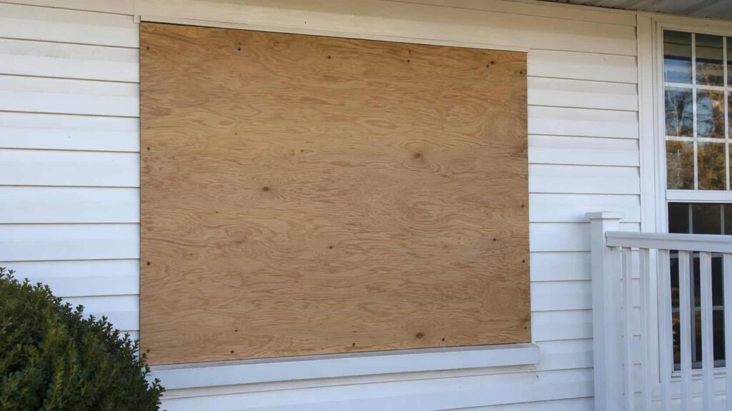 Temporary board-up covering a broken window during emergency glass service