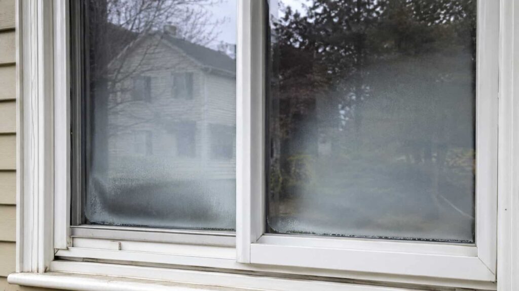 Cloudy double-pane window glass showing condensation trapped between the panes
