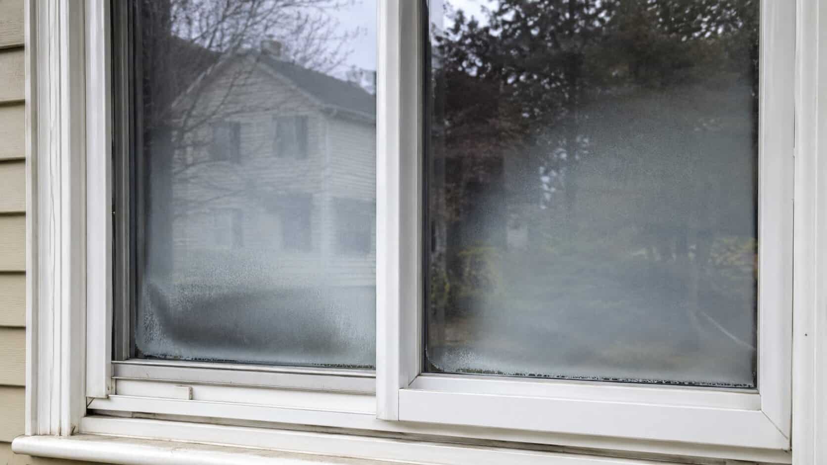 Cloudy double-pane window glass showing condensation trapped between the panes