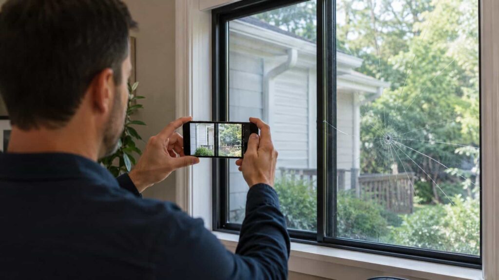 Homeowner reviewing window glass photos to request a free estimate