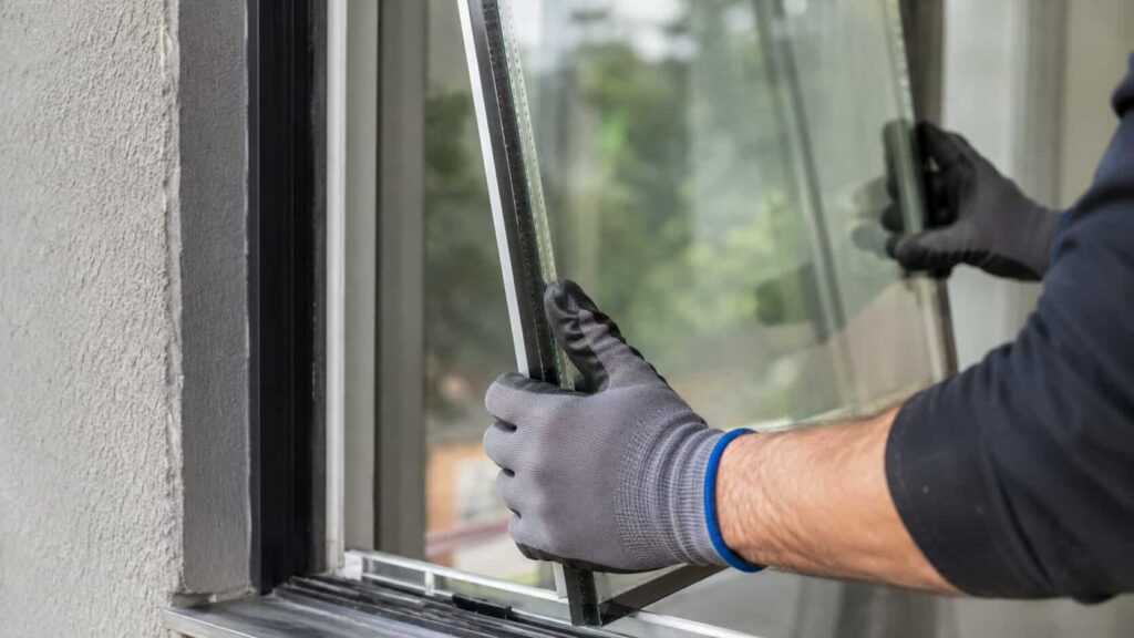 Technician replacing a failed insulated glass unit in a window frame