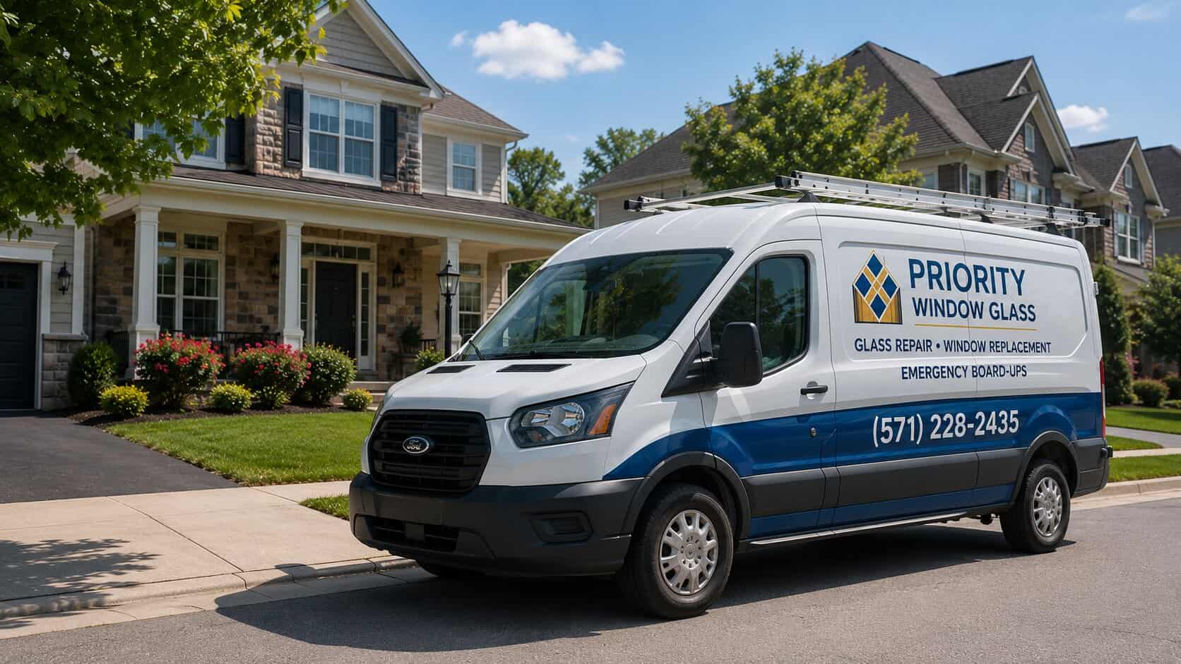 Priority Window Glass service van arriving at a residential property in Ashburn, Virginia