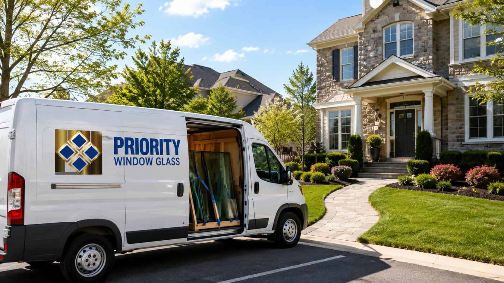 Priority Window Glass service van arriving at a residential property in Centreville, Virginia