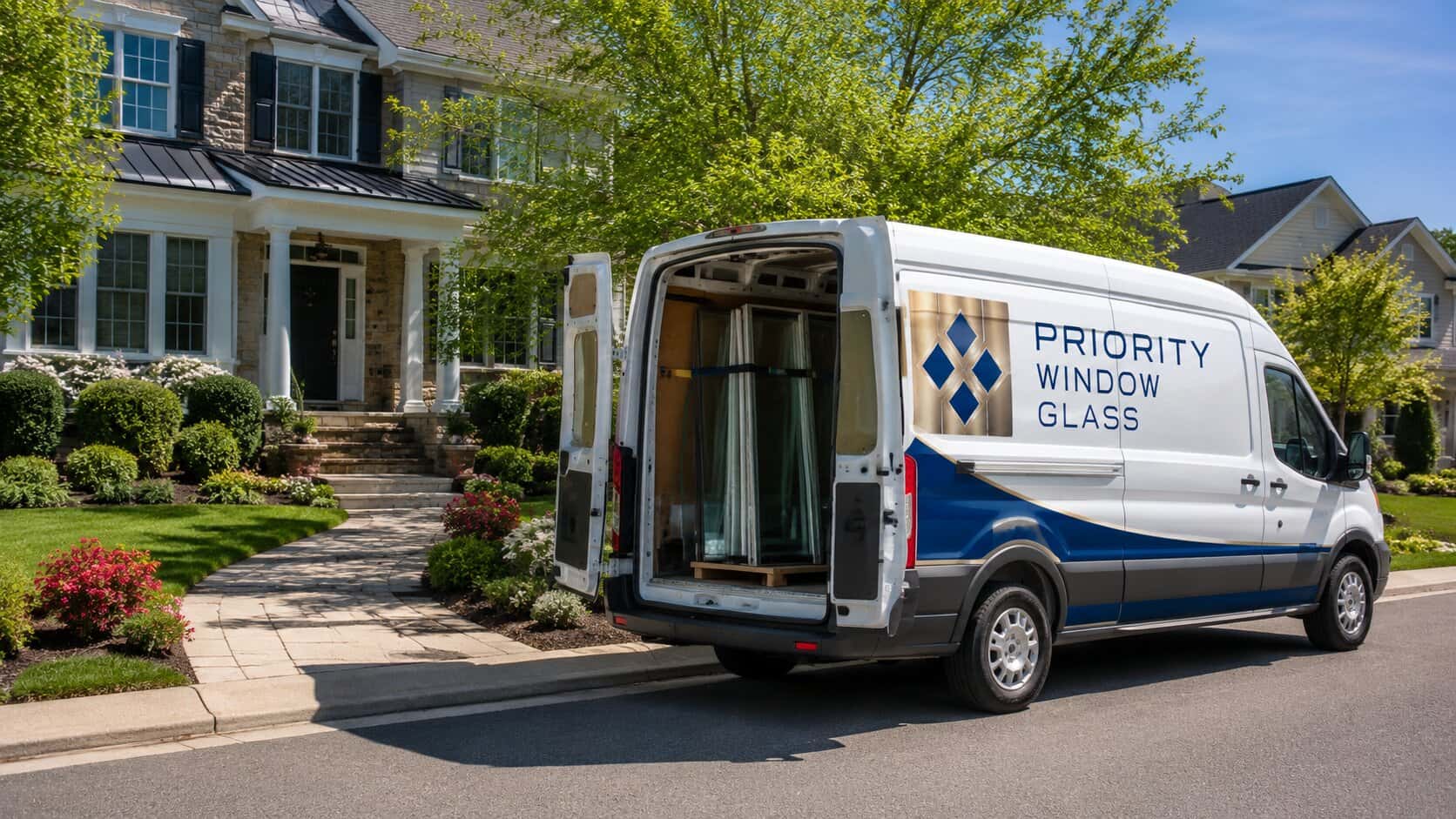 Priority Window Glass service van arriving at a residential property in Chantilly, Virginia