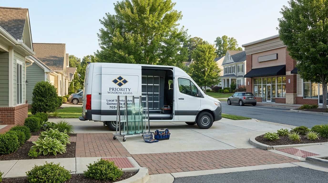Window glass repair service vehicle near a residential property