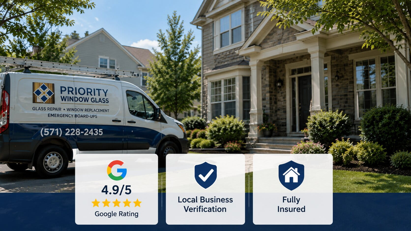 Priority Window Glass service van serving a local home in Aldie, VA
