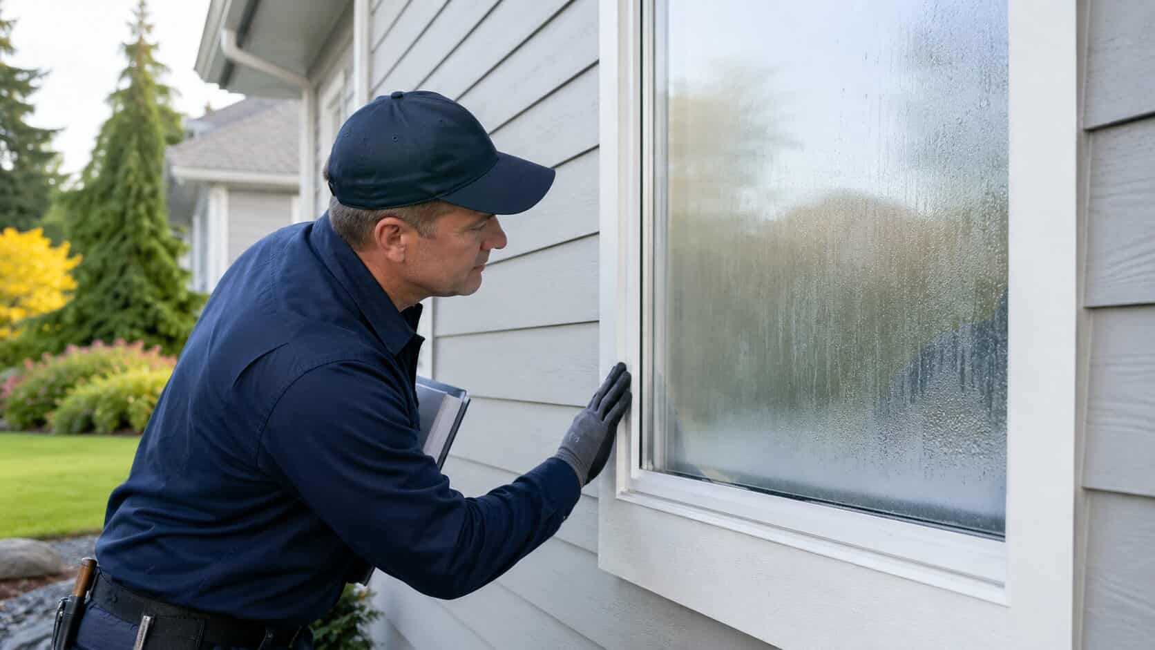 Technician inspecting a foggy double-pane window on a residential home