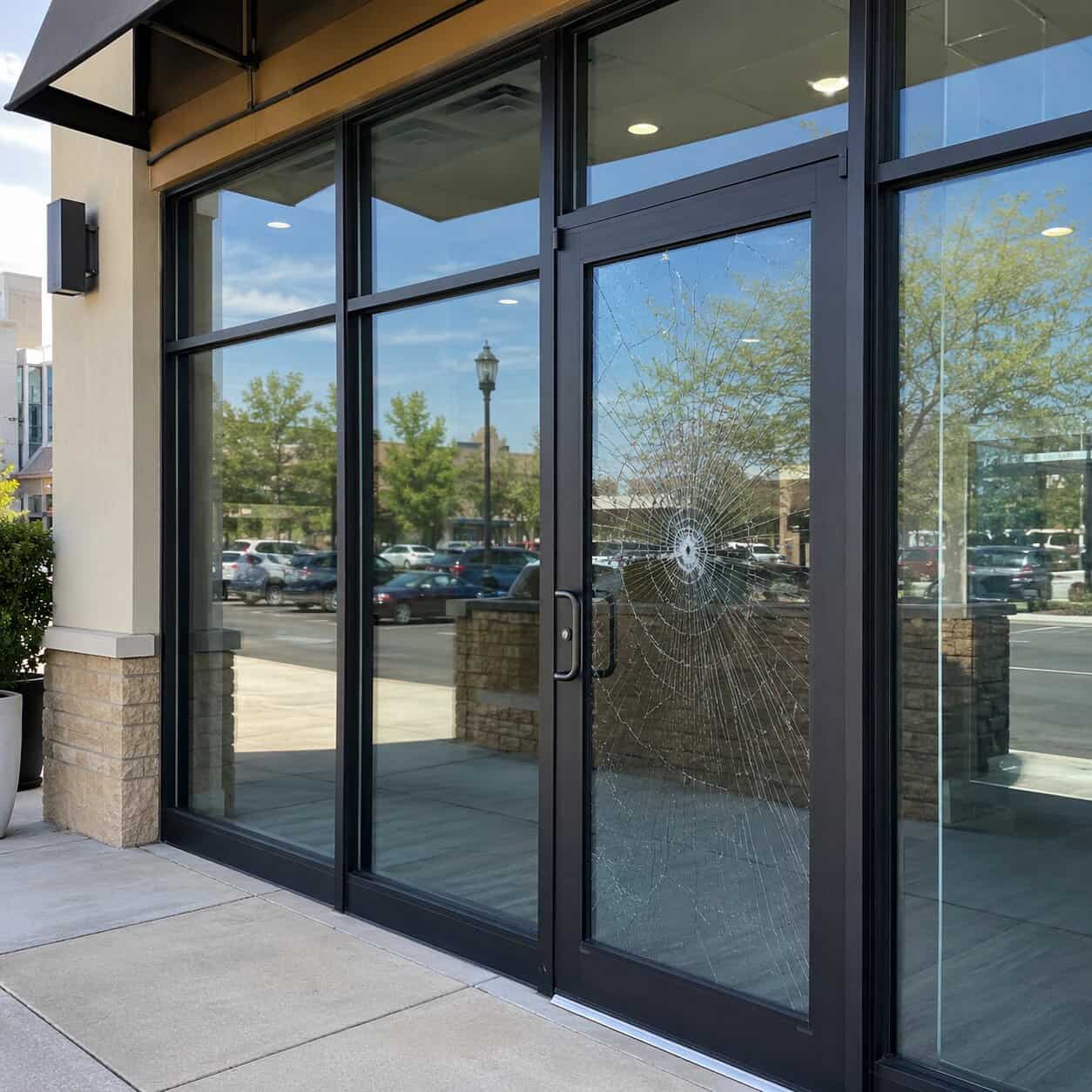 Cracked commercial storefront glass at a business in Ashburn, VA