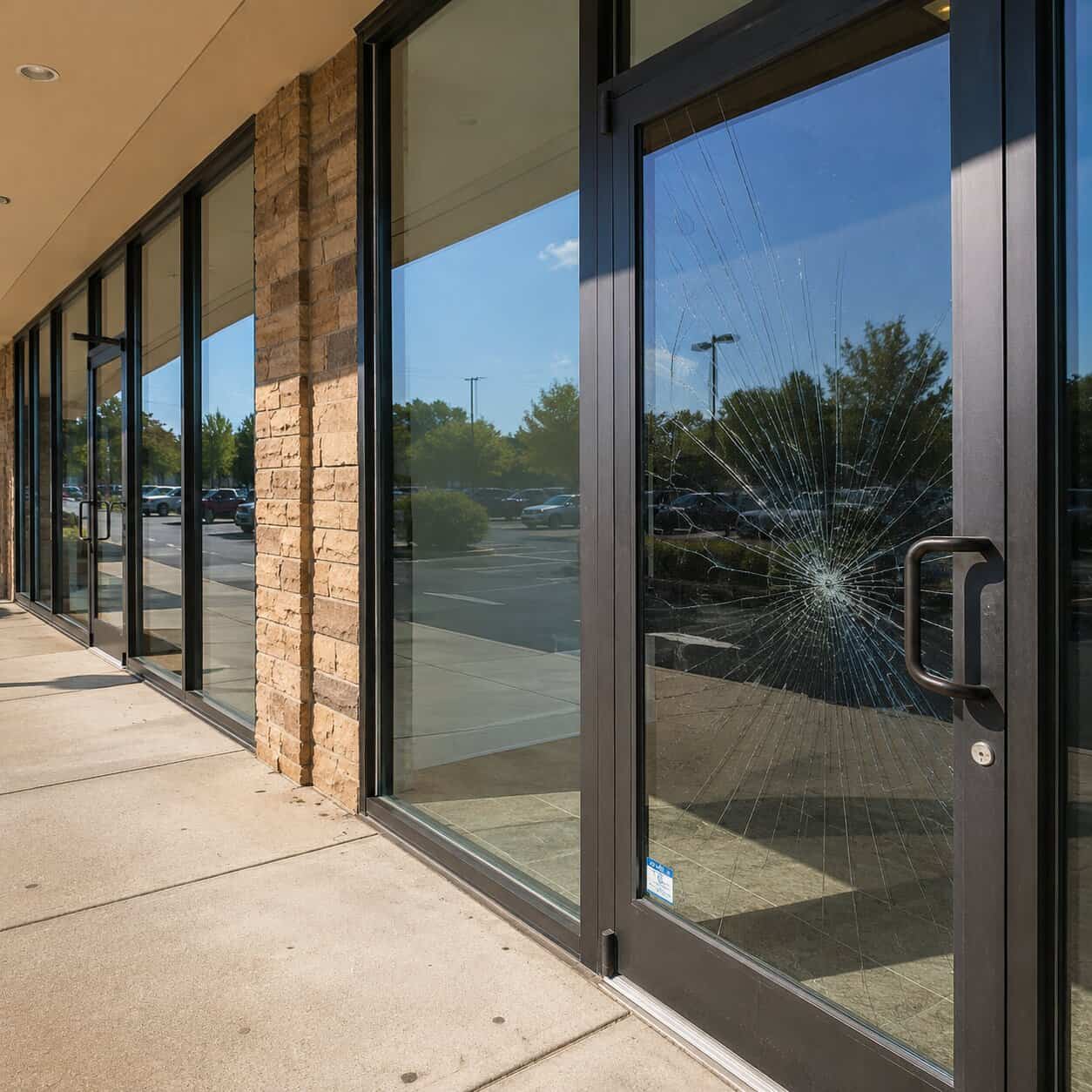 Cracked commercial storefront glass at a business in Centreville, VA