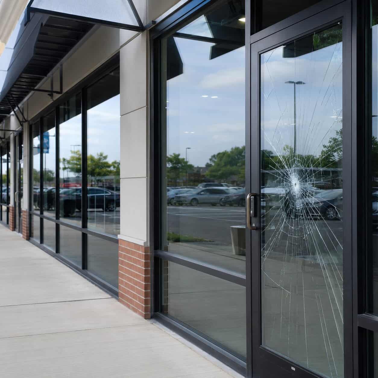 Cracked commercial storefront glass at a business in Chantilly, VA
