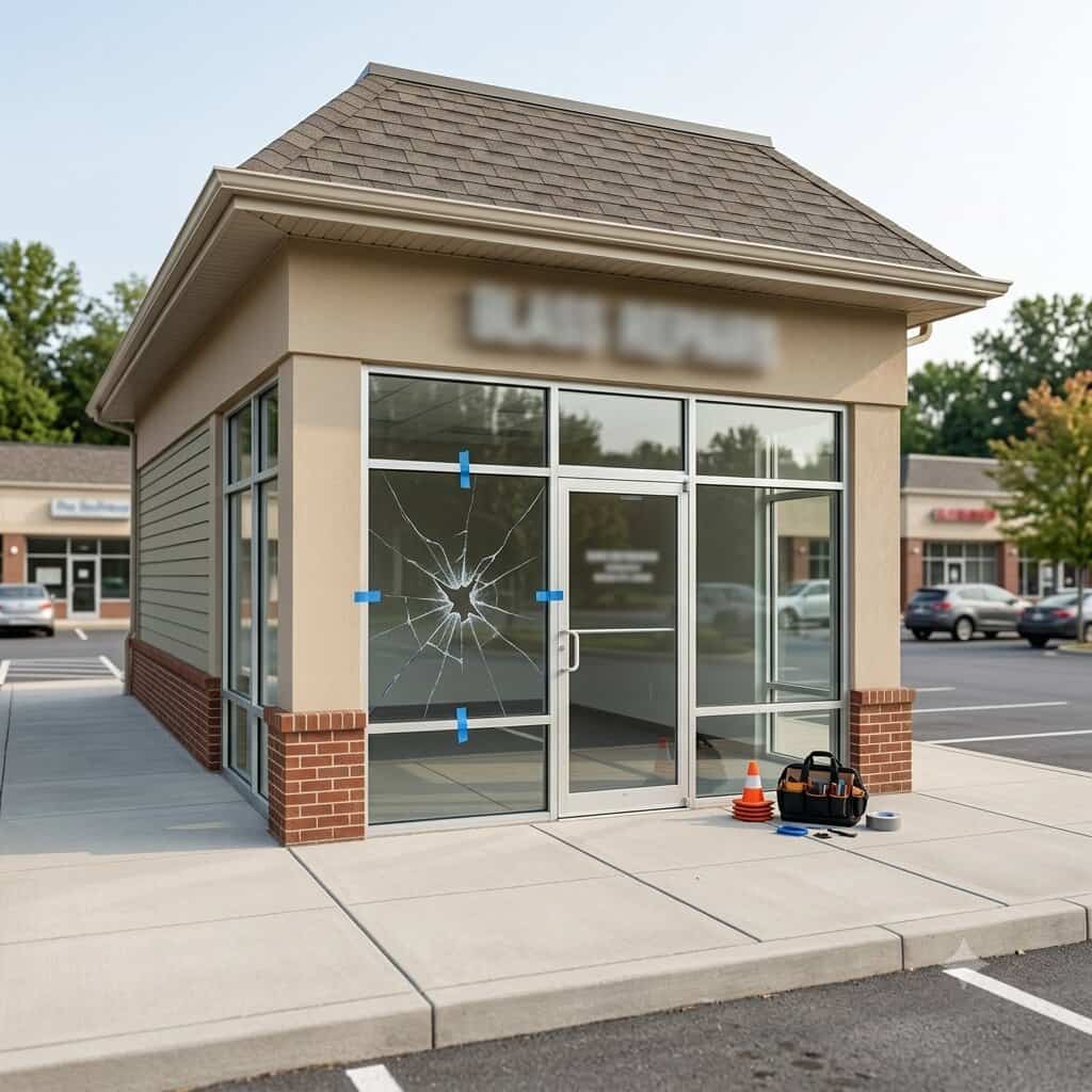 Cracked commercial storefront glass at a business in Gainesville, VA