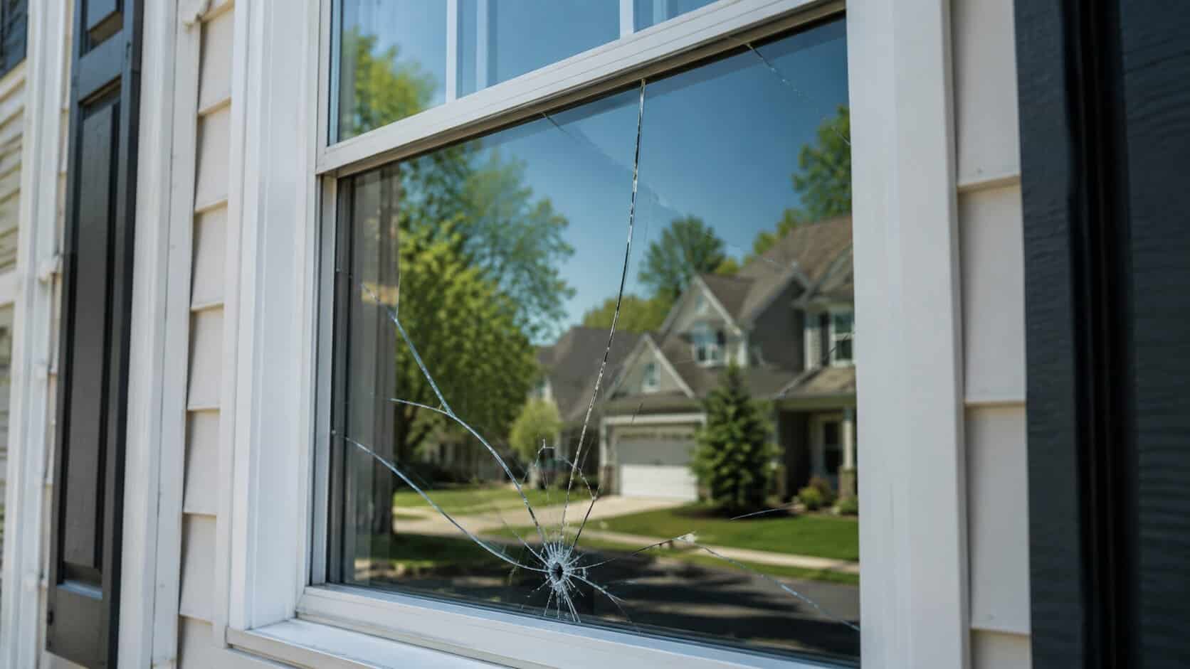 Cracked residential window glass needing repair in Chantilly, VA