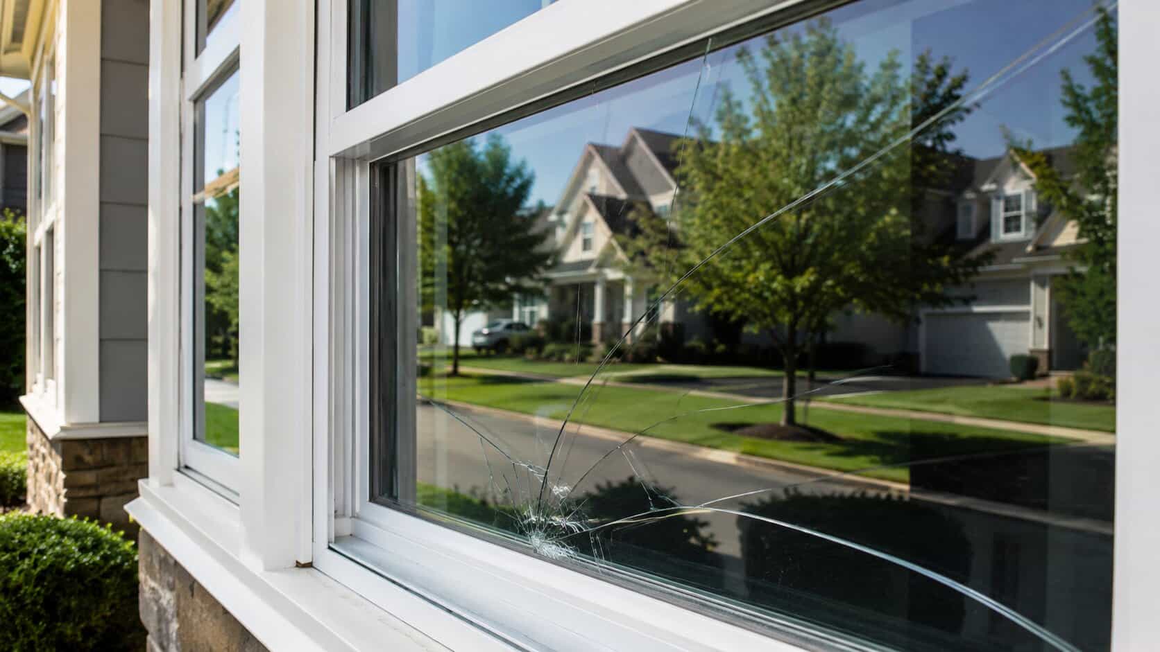 Cracked residential window glass needing repair in Chantilly, VA