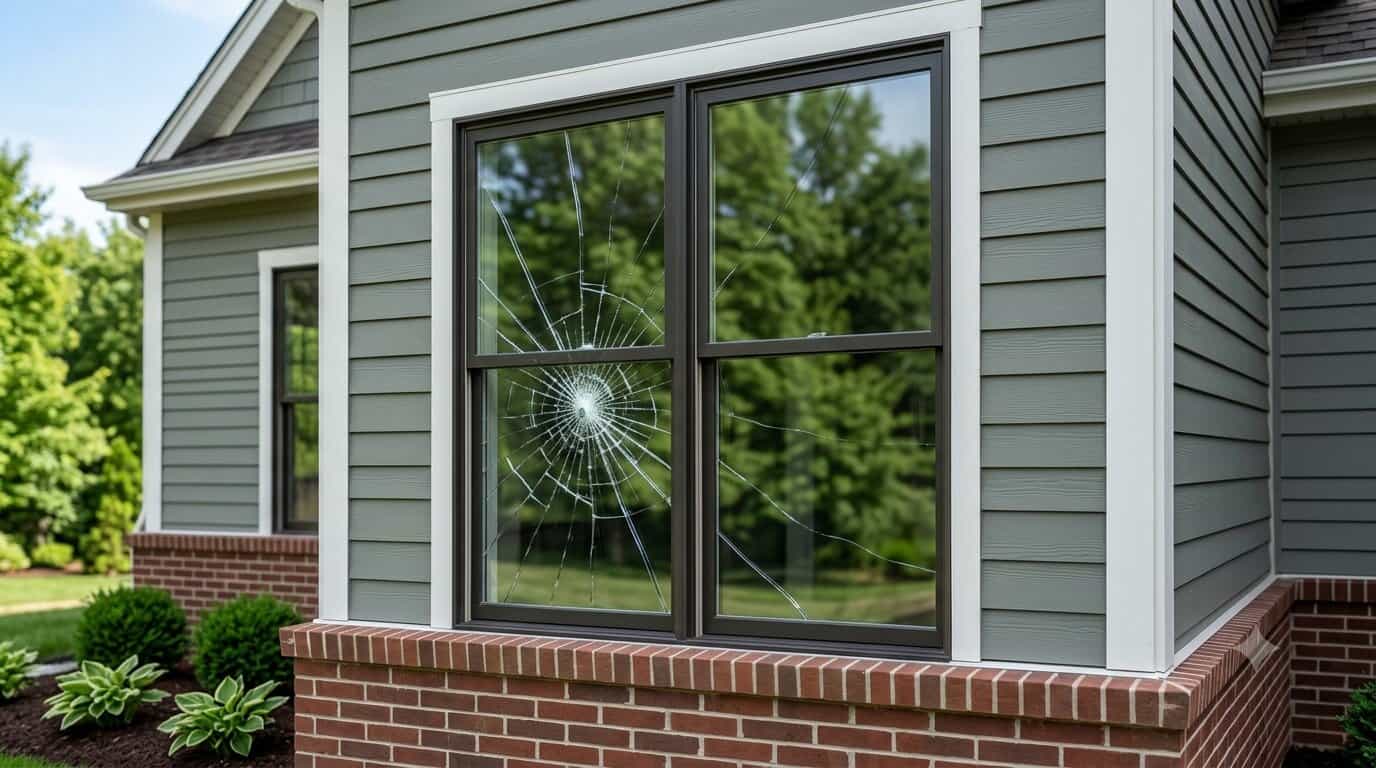 Cracked residential window glass needing repair in Gainesville, VA