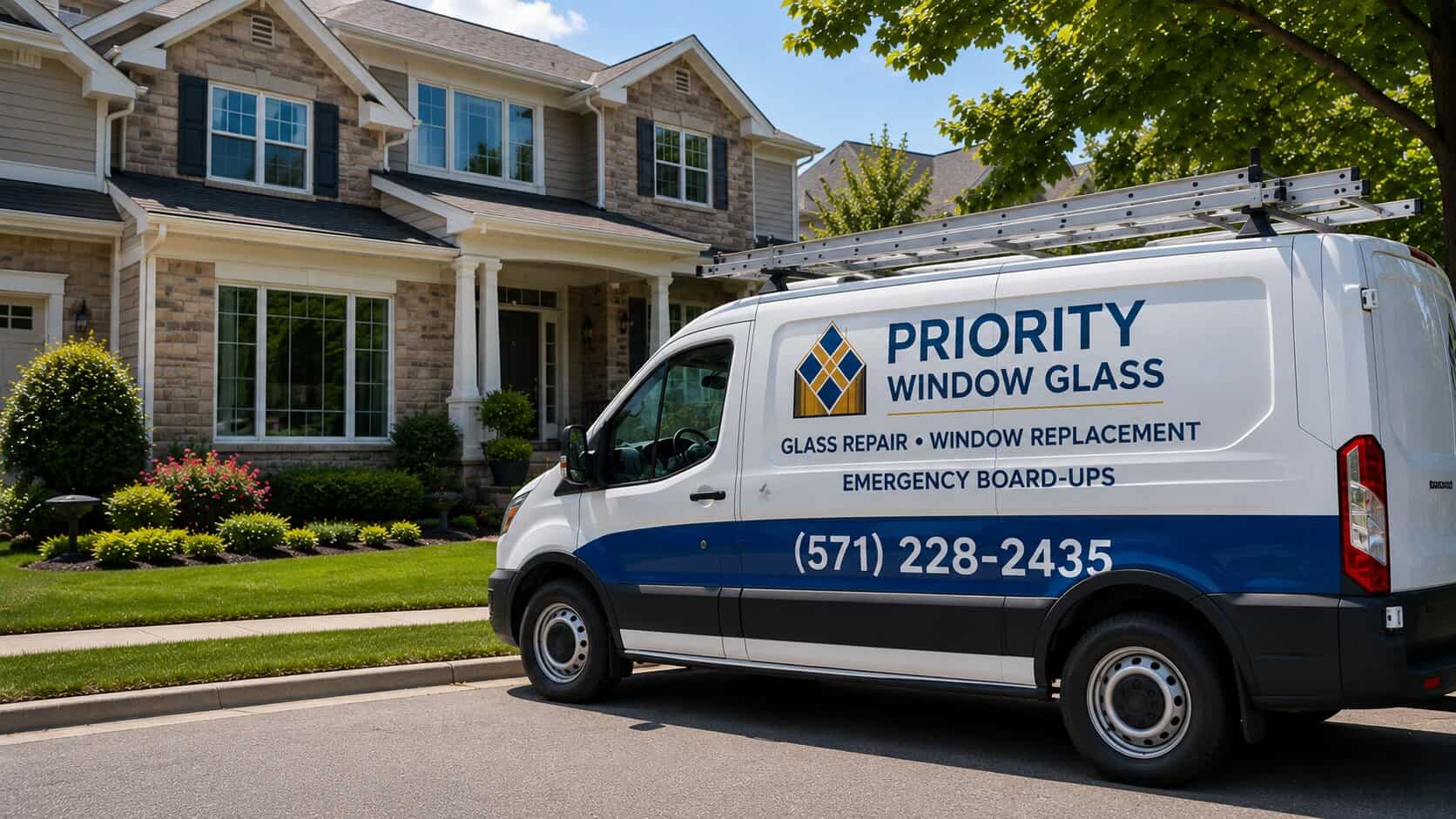 Priority Window Glass repair van outside a completed window glass repair project in Ashburn, VA
