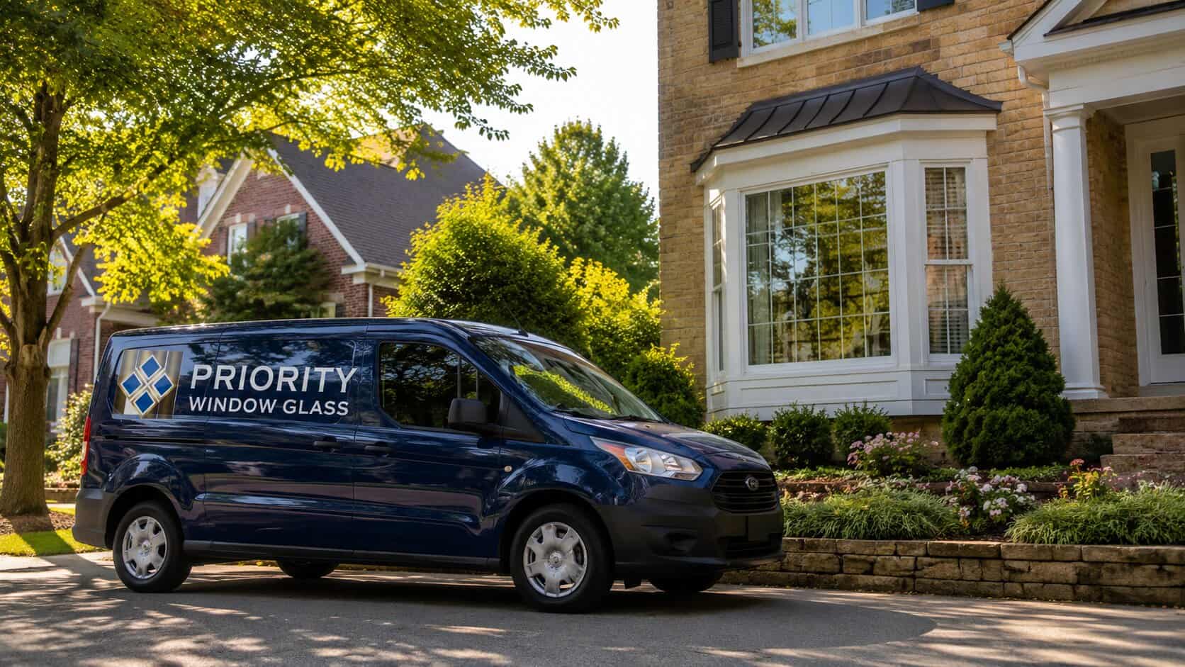 Priority Window Glass repair van outside a completed window glass repair project in Centreville, VA