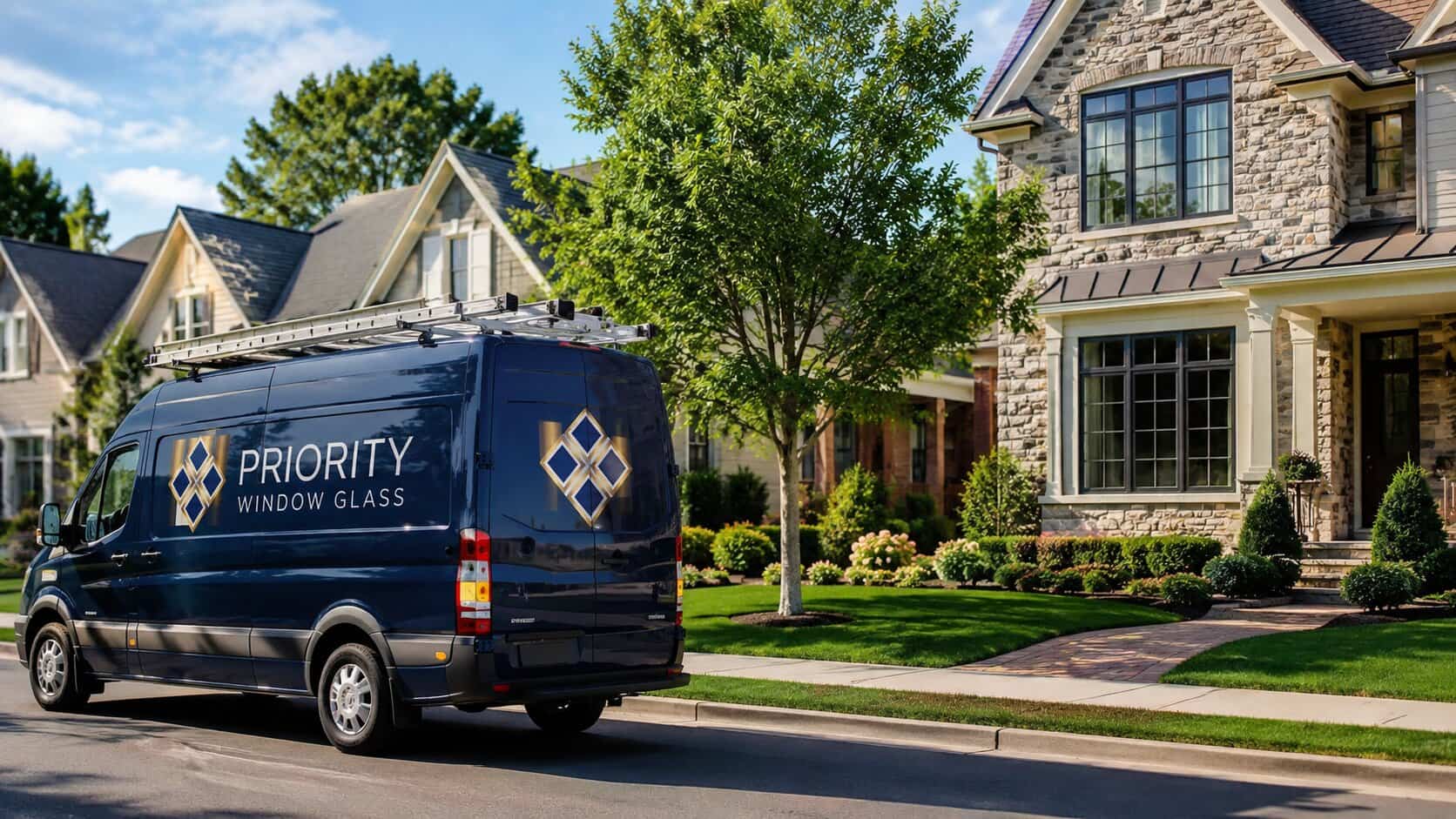 Priority Window Glass repair van outside a completed window glass repair project in Chantilly, VA