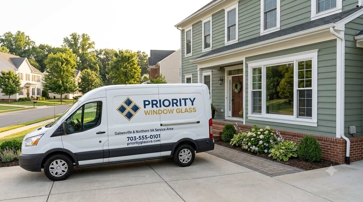 Priority Window Glass repair van outside a completed window glass repair project in Gainesville, VA