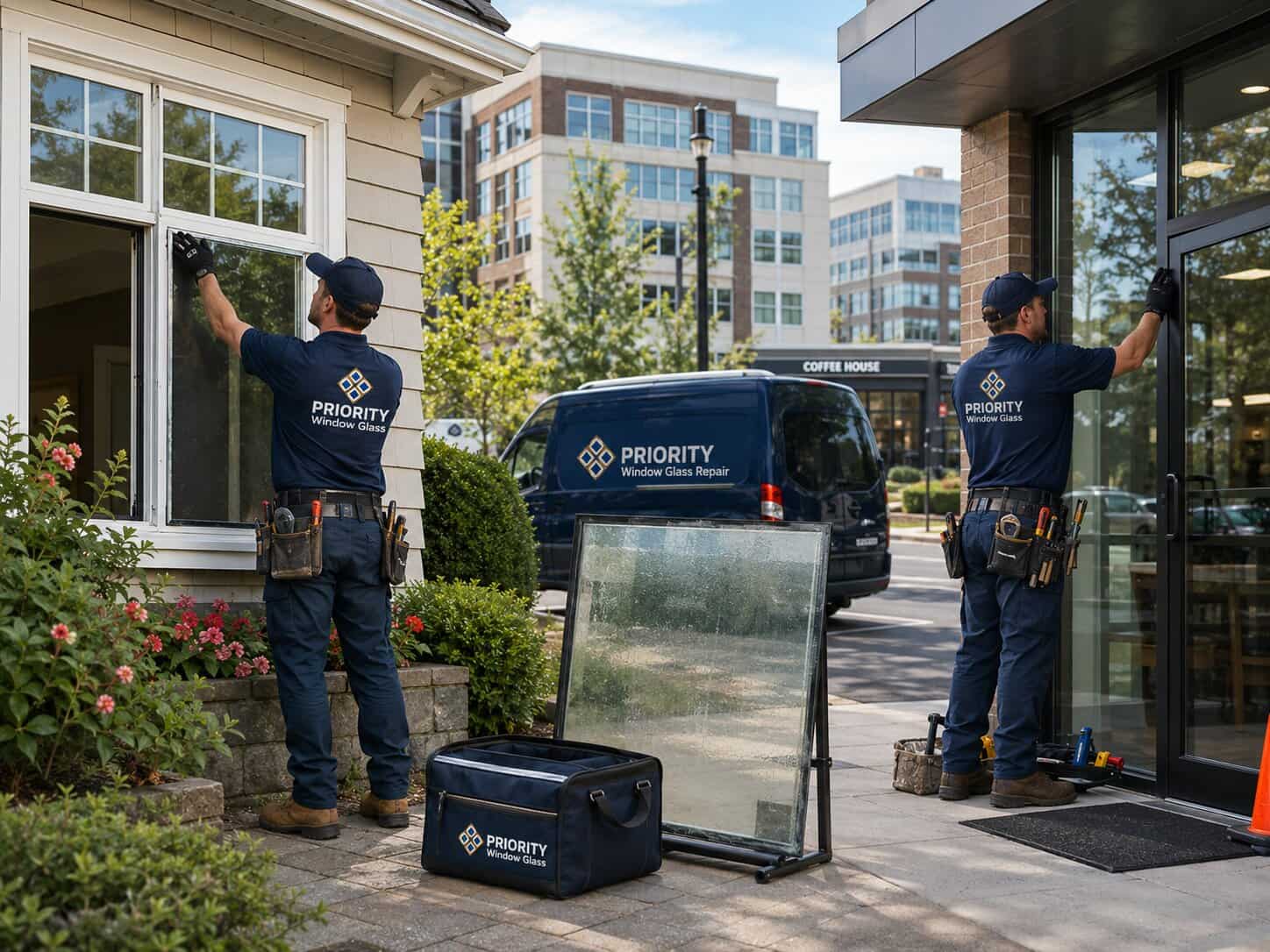 Priority Window Glass Repair technicians working on a residential window and commercial storefront glass in Fairfax County, Virginia.