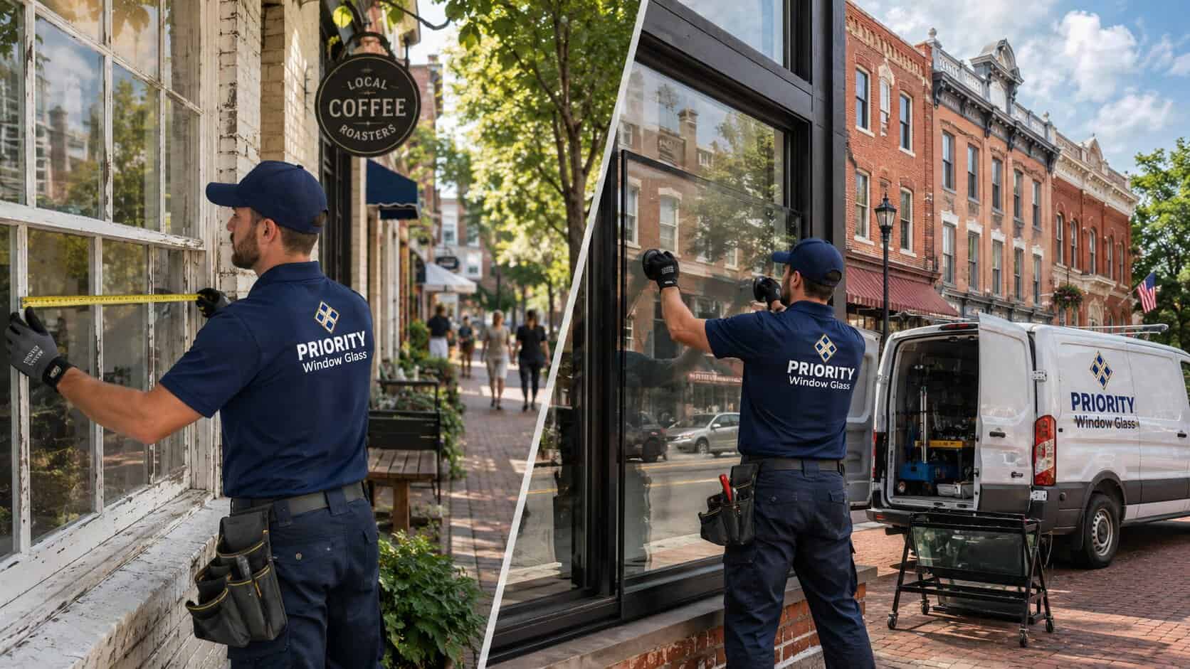 Priority Window Glass Repair technicians measuring an older window and installing modern storefront glass in Falls Church and Manassas, Virginia.