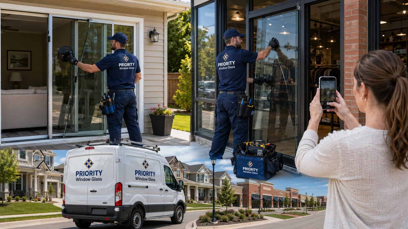 Priority Window Glass Repair technicians replacing patio door and storefront glass in Gainesville and Haymarket, Virginia.