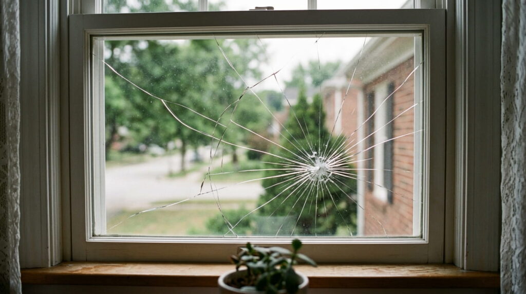 Cracked residential window glass with visible impact damage