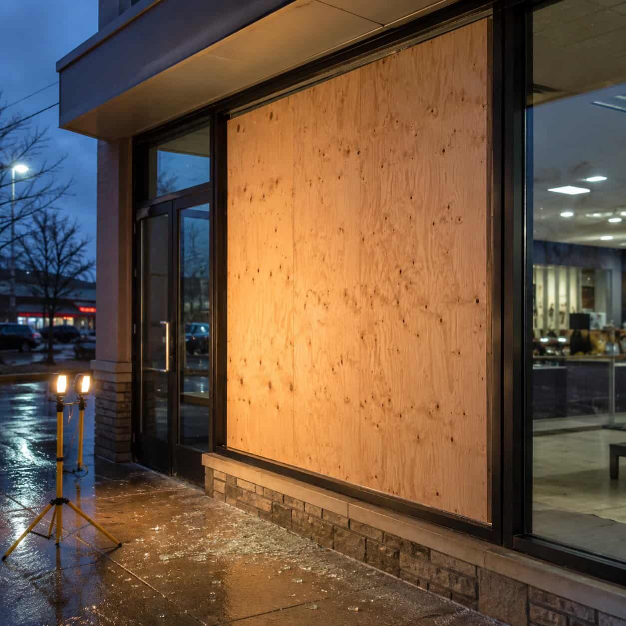 Emergency board-up service for broken commercial glass in Fairfax, VA