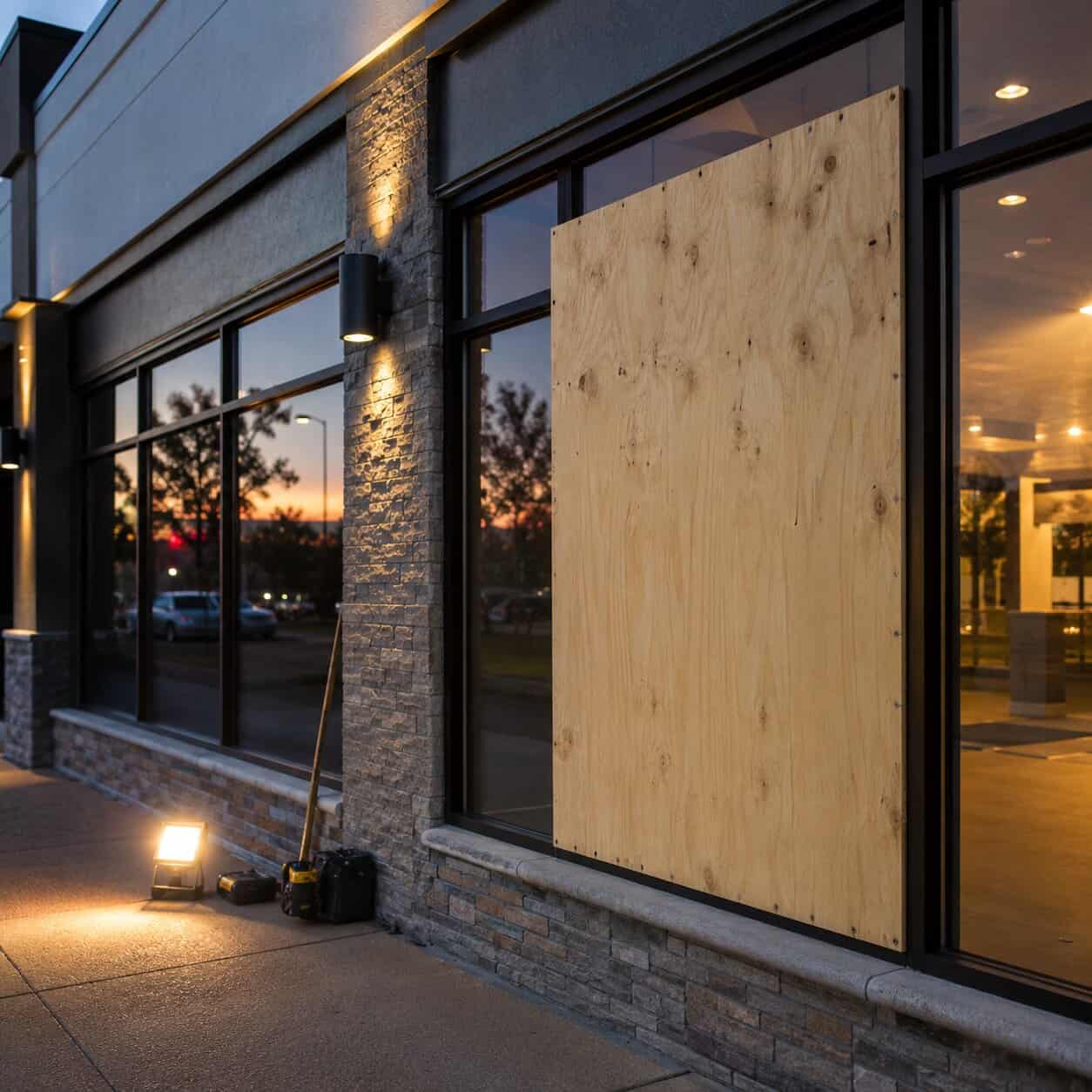 Emergency board-up service for broken commercial glass in Leesburg, VA