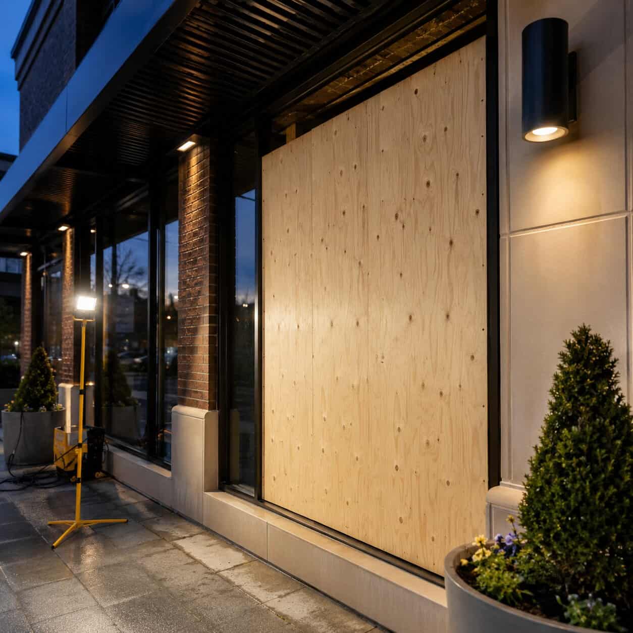 Emergency board-up service for broken commercial glass in McLean, VA