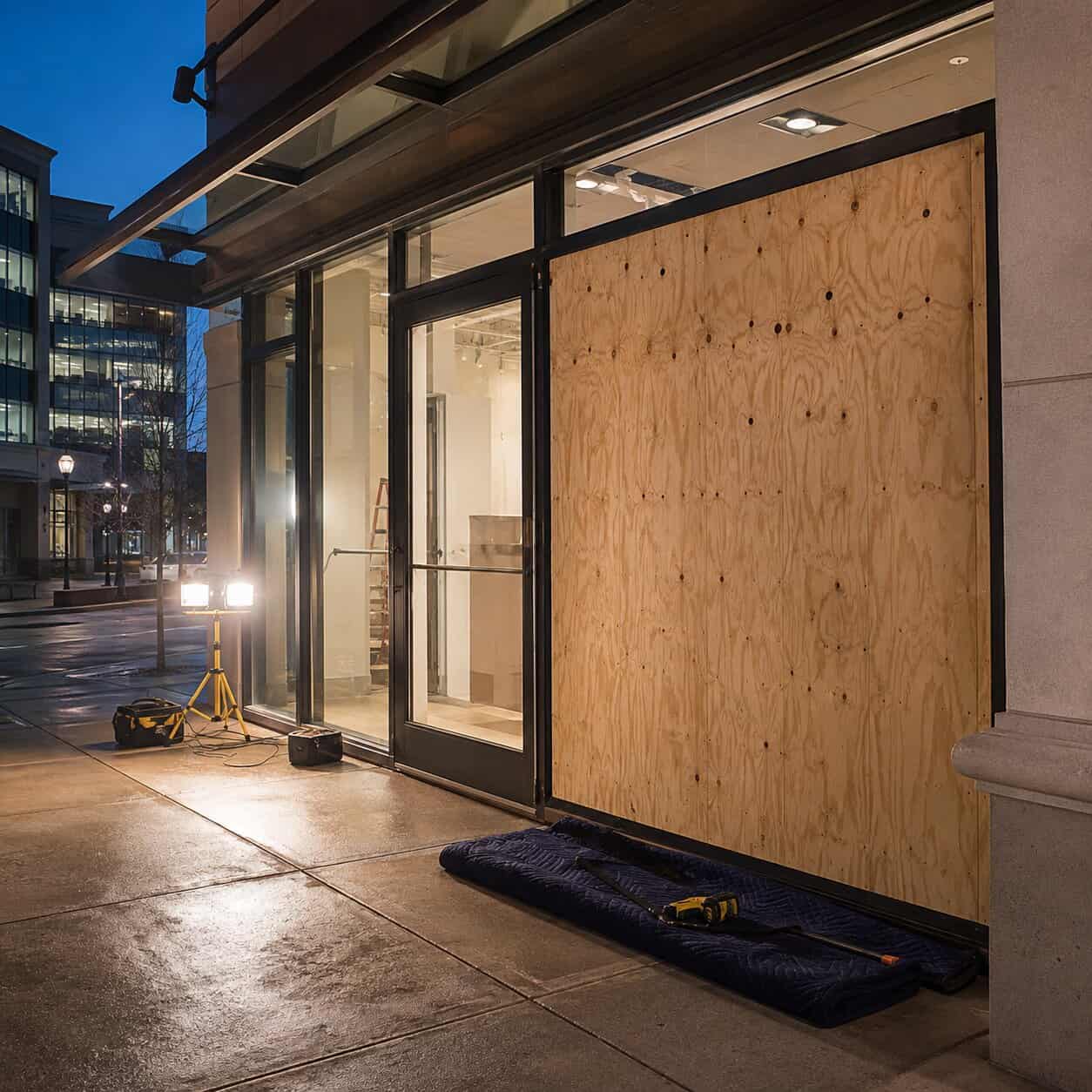 Emergency board-up service for broken commercial glass in Reston, VA