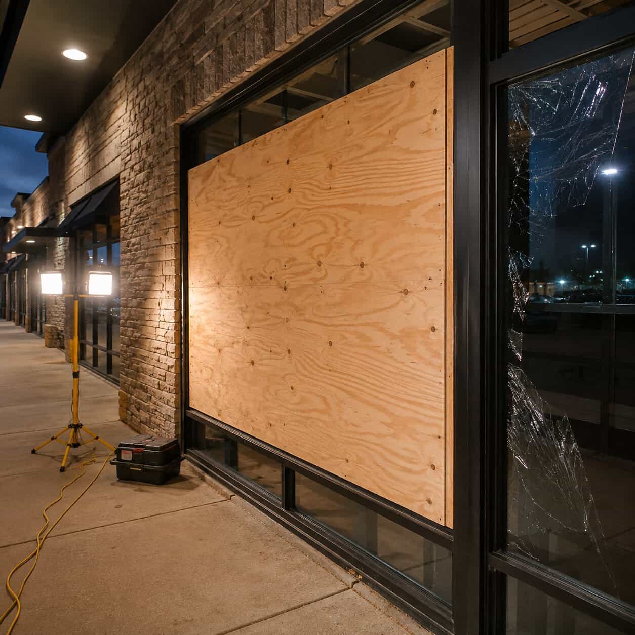 Emergency board-up service for broken commercial glass in Vienna, VA