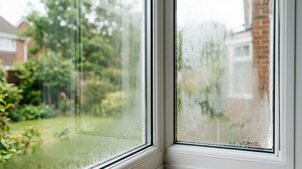 Cloudy, foggy double-pane window glass caused by a failed insulated glass seal
