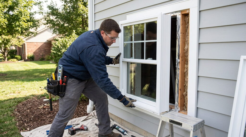 Technician installing a complete new window unit into a wall opening