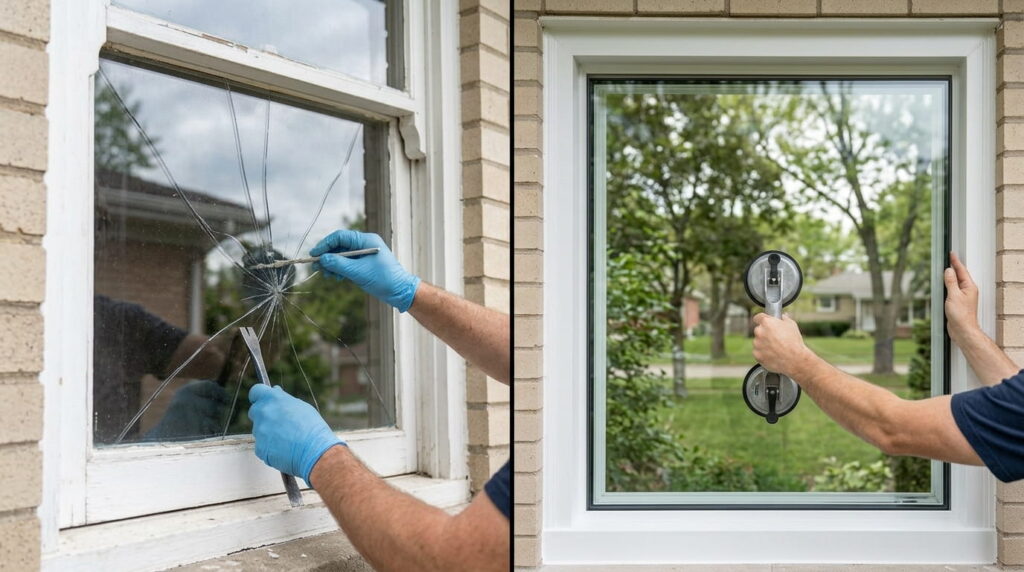 Technician removing a damaged glass pane from an existing window sash